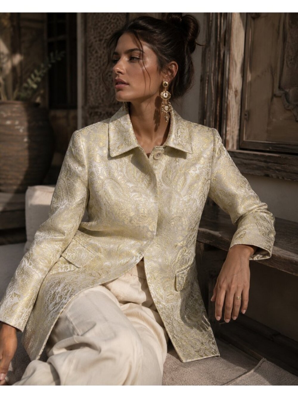 Banana Republic Silk Blend Metallic Paisley Brocade Coat Jacket XS Gold Ivory